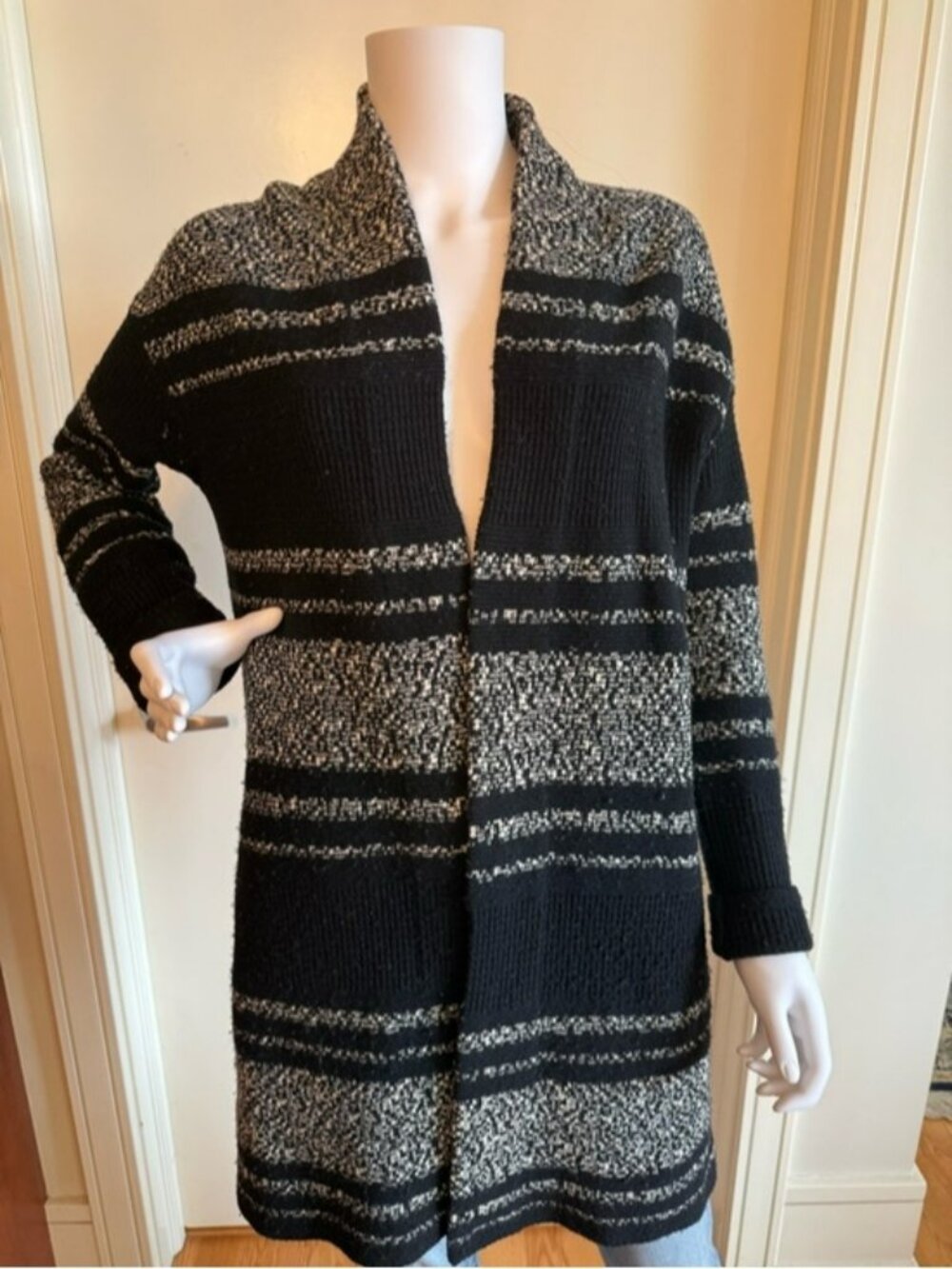 Athleta Black and White Striped Open-Front Cardigan Sweater